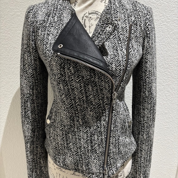 Cute Theory Women's Jacket Blazer black and white Herringbone w/ Leather Trim 4 - Picture 1 of 7